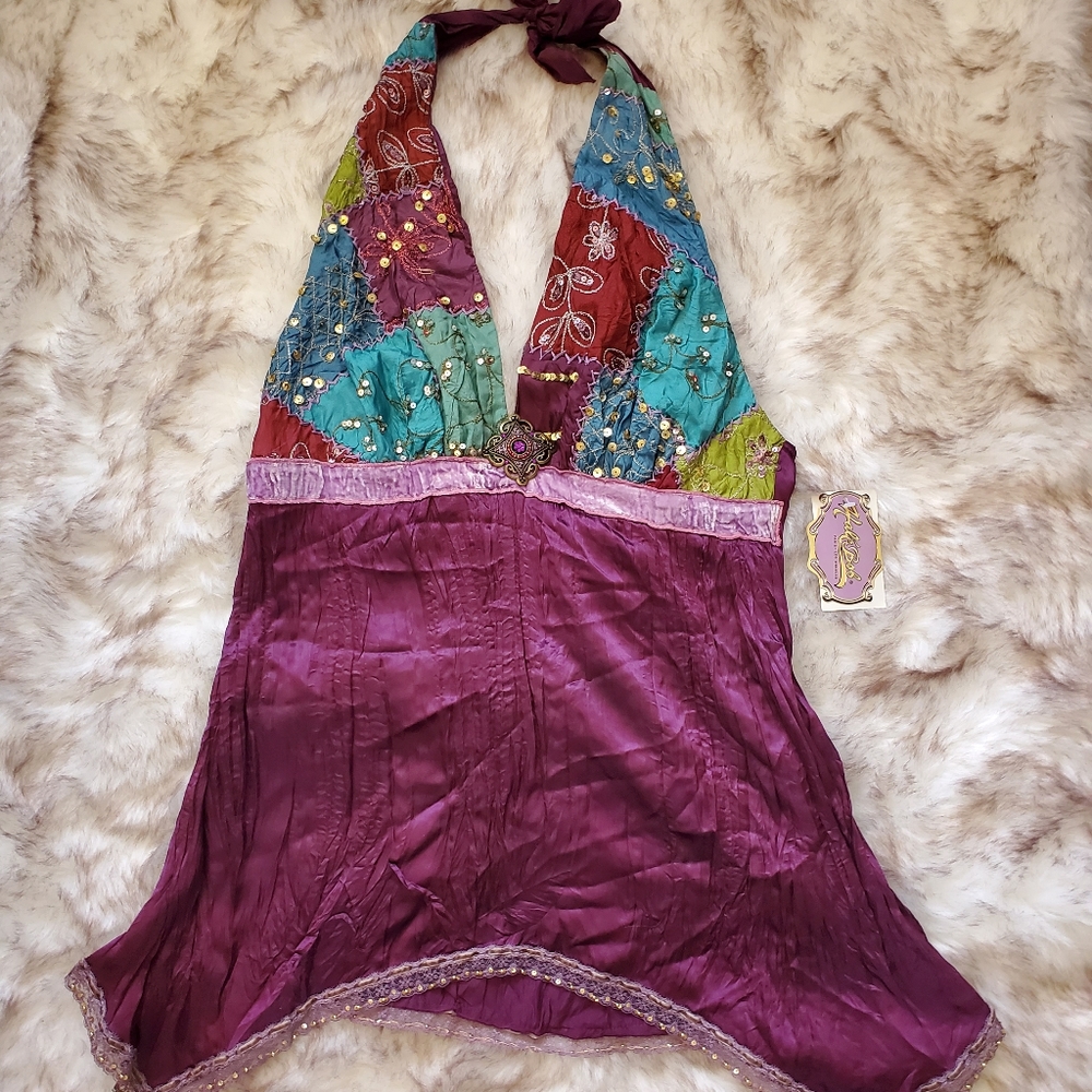 Hale Bob silk boho halter top NWT